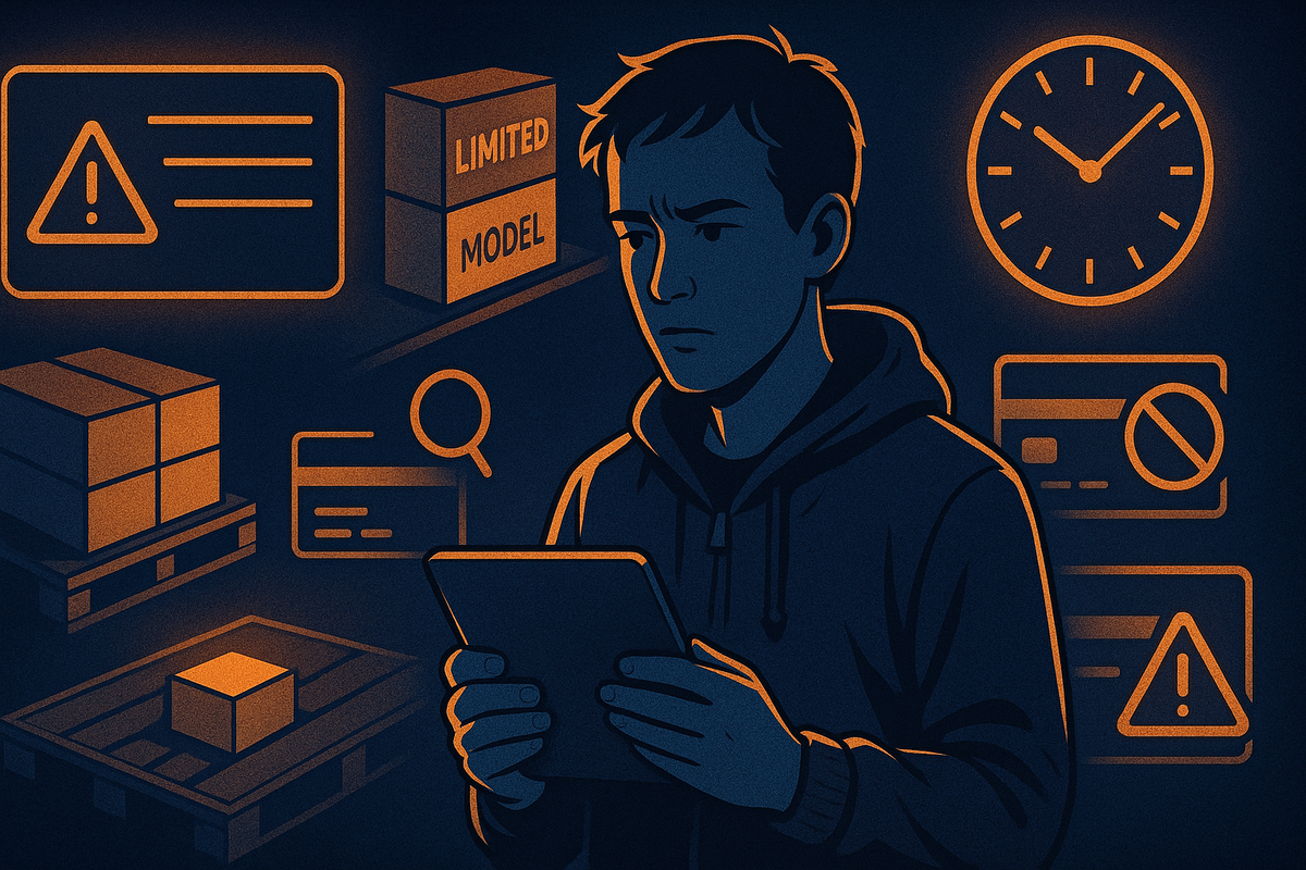Concerned shopper holding a tablet surrounded by glowing warning icons—limited stock boxes, ticking clock, card restrictions, caution signs—emotional tension about hidden risks when buying Apple at Costco