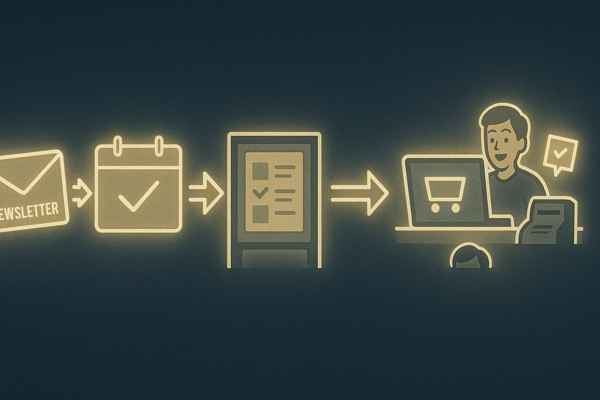 Simple golden flowchart from “newsletter” envelope to calendar checkmark to in-store sale board and finally a smiling cashier at the register—step-by-step roadmap to catch Costco Apple sales at the perfect timing