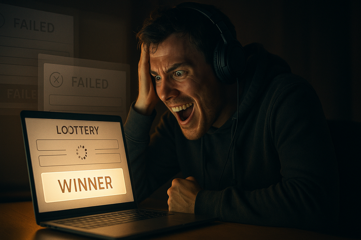 Young man alone at night in headphones staring at his laptop, after many FAILED lottery screens he finally sees a huge WINNER message, face exploding with joy and disbelief—pure relief, lucky miracle, adrenaline rush of finally getting the console  