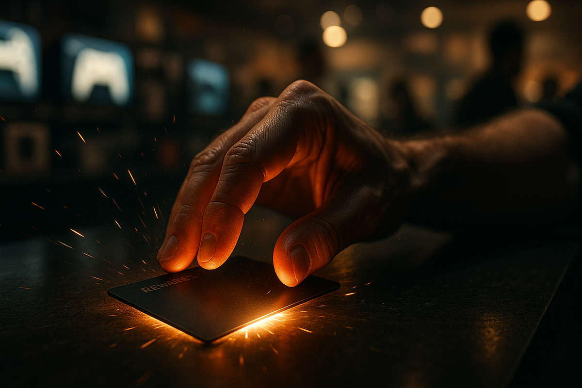 Close-up of a hand slamming a sleek black rewards card onto a store counter, card edge glowing with sparks like magic, blurred gaming screens in the background—powerful VIP energy, secret key feeling, dramatic moment of unlocking Switch2 access  