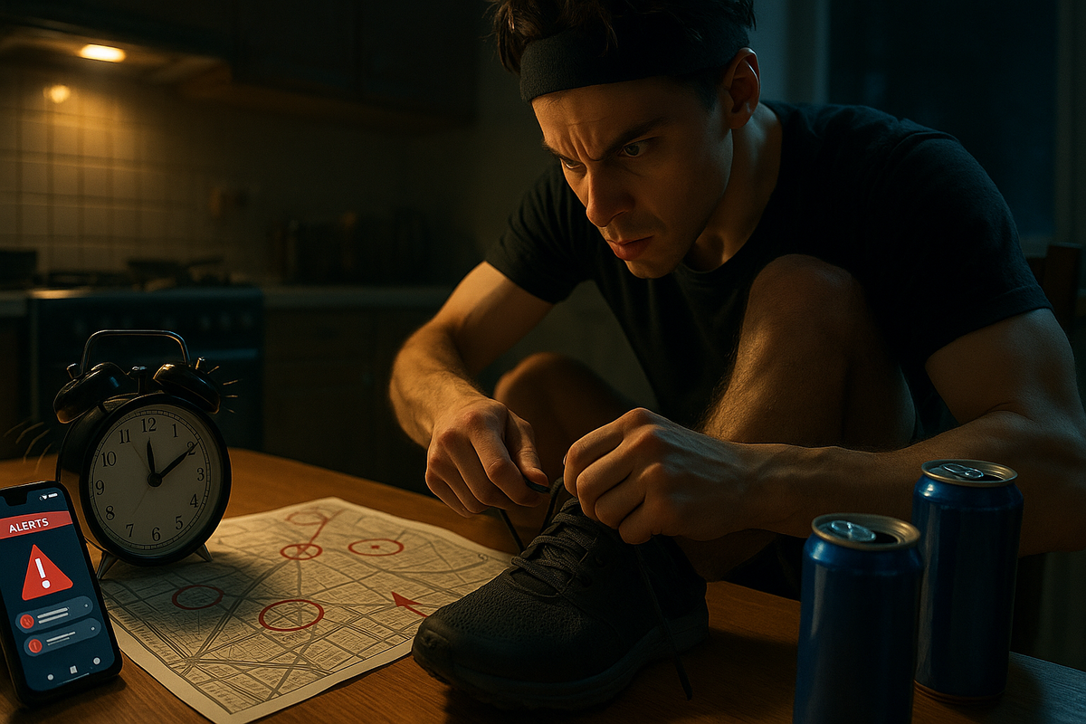 Determined gamer at a kitchen table before sunrise, intense eyes while tying running shoes, alarm clock ringing, smartphone full of alert warnings, city map covered in red circles—pre-dawn mission vibes, focused strategy, adrenaline before the Switch2 hunt  