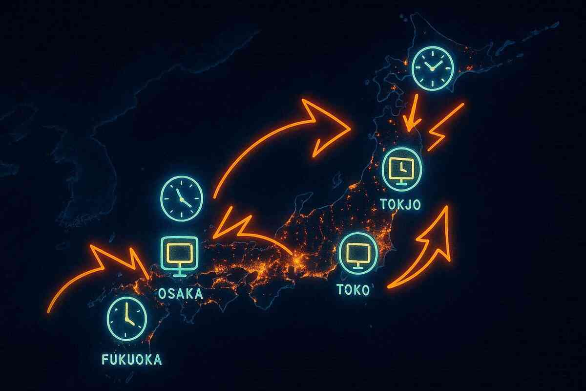 Neon-style night map of Japan glowing with orange city lights, bold arrows shooting between TOKYO, OSAKA, FUKUOKA, floating clock and monitor icons—dynamic nationwide chase, timing strategy, electric anticipation for where the next console stock will drop  