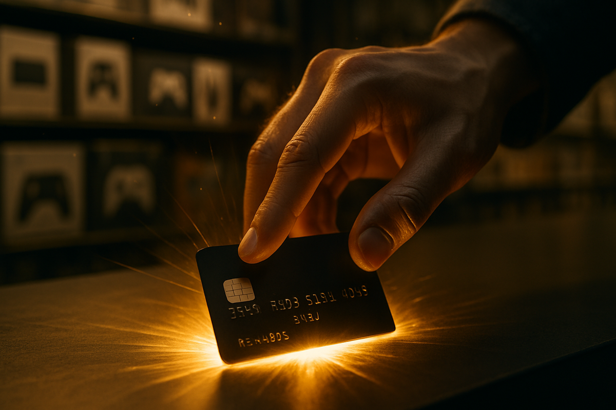 Cinematic close-up of a hand pressing a matte black credit card onto a store counter, golden sparks bursting from the contact, blurred shelves of game gear behind—VIP power move, adrenaline surge, magical moment of unlocking an exclusive console purchase  