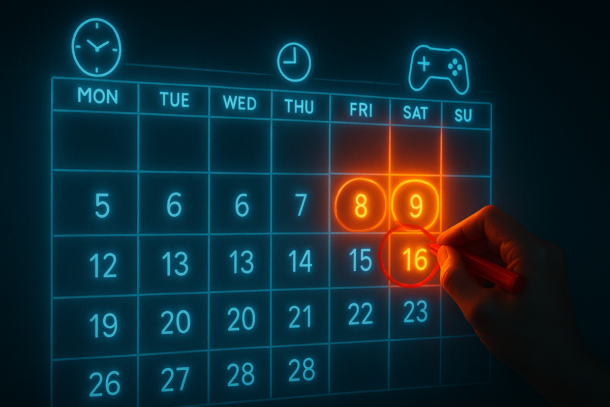 Neon calendar glowing in deep midnight blue with Friday and Saturday dates blazing in hot orange, a red pen urgently circling key days, tiny clock and gamepad icons floating above—data-driven luck, perfectly timed hunting window, thrilling anticipation  