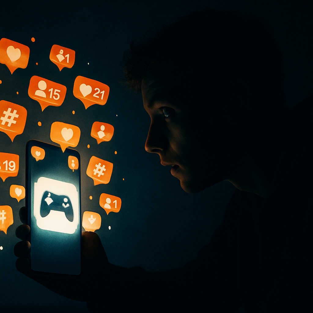 Side-lit face of a focused gamer staring into a bright smartphone screen showing a controller icon, surrounded by floating orange social bubbles with hashtags, likes and follower counts—real-time X feed, buzzing notifications, intense fear of missing the next restock tweet  