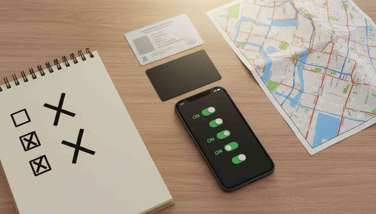 Clean wooden desk flat-lay: checklist notebook marked with bold Xs, government ID, sleek black card, unfolded city map and smartphone switches all set to ON—calm battle prep, everything ready, confident pre-mission energy for securing the elusive Switch2  