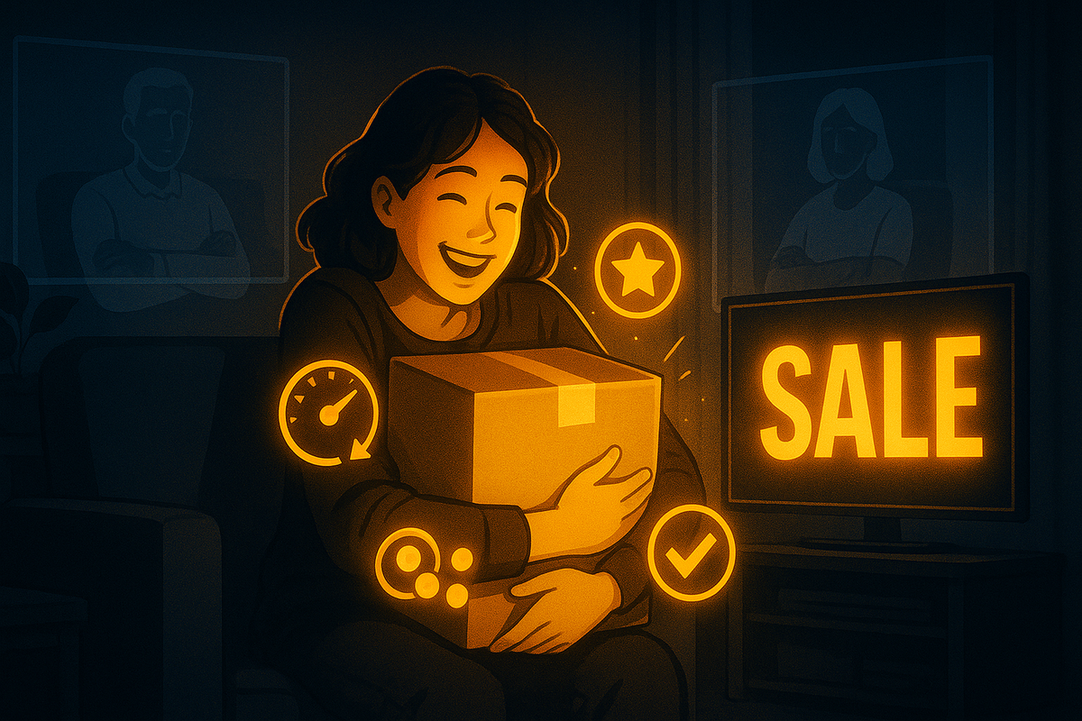 Cartoon-style woman in a dark living room hugging a glowing delivery box while SALE blazes on the TV, surrounded by warm icons for speed, stars and checkmarks—joyful early-sale shopper energy, fast shipping happiness, cozy FOMO-proof satisfaction  