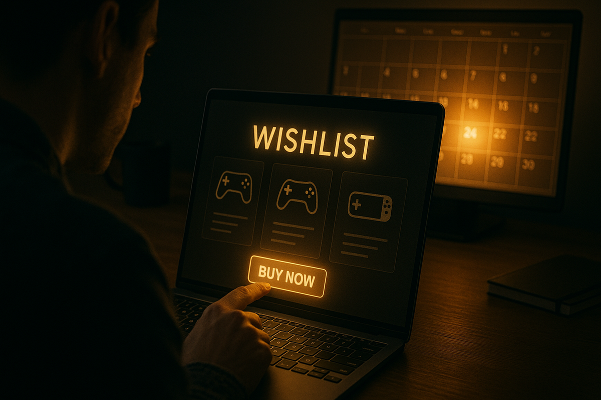 Focused night owl at a laptop, golden WISHLIST screen glowing with gaming icons and a big BUY NOW button, calendar shining softly on the second monitor—slow-burn anticipation, strategic patience, thrilling moment just before committing to the sale purchase  