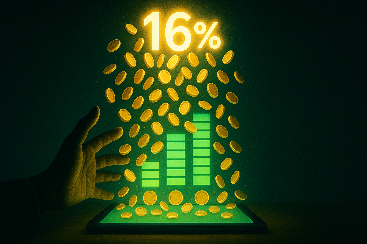 Tablet on a desk projecting a bright green bar chart upward while golden coins rain down from a huge 16% sign, outstretched hand reaching into the shimmering stream—powerful points-up campaign vibes, cashback windfall, smart-money excitement  