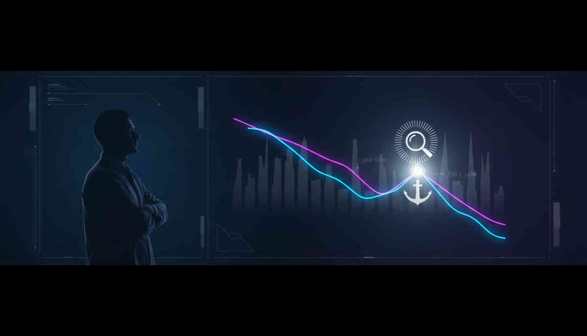 Silhouette of a data-savvy shopper standing before a futuristic dark dashboard, colorful price-trend lines flowing across the screen toward a glowing magnifying glass and anchor icon—calm analytical mood, exposing fake sales, confidently hunting the true lowest price  