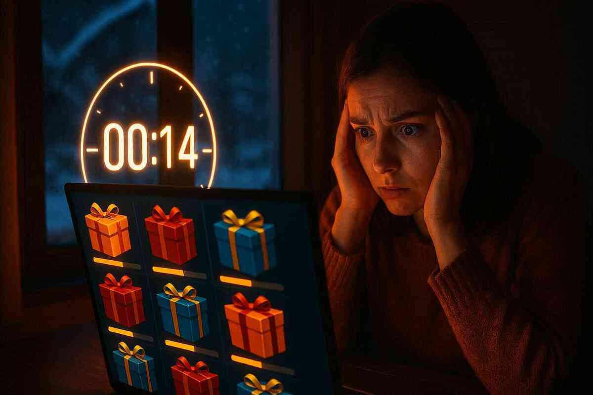 Anxious woman staring at a laptop full of glowing mystery gift boxes while a giant countdown timer shows 00:14—lucky box deadline pressure, winter-night FOMO and heart-pounding shopper tension