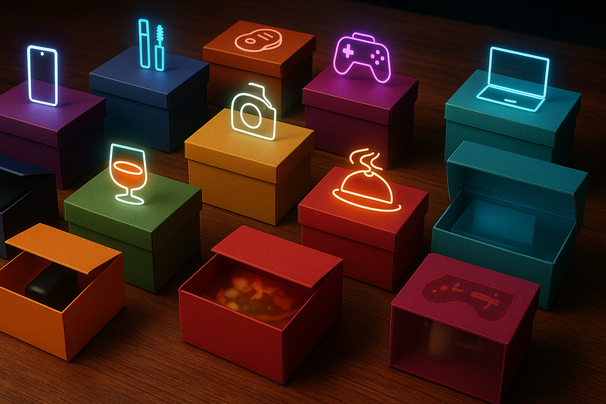 Colorful lucky boxes lined up on a wooden table, each topped with neon icons for phones, beauty items, whisky, cameras, games, food and laptops—genre-by-genre福箱 lineup, playful curiosity and treasure-hunt excitement