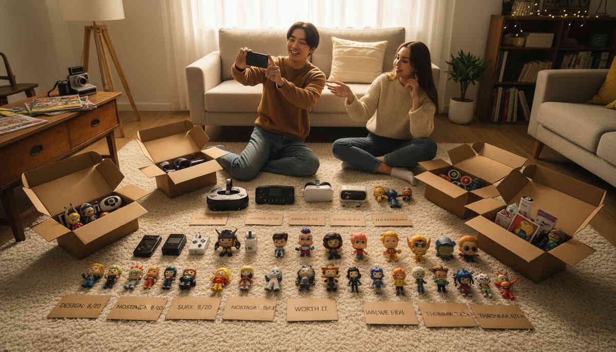 Two happy friends sitting on a cozy living-room floor surrounded by opened lucky boxes, gadgets and figures neatly arranged in rows with handwritten rating cards—real福箱 haul review, warm nostalgia and “worth it” joy