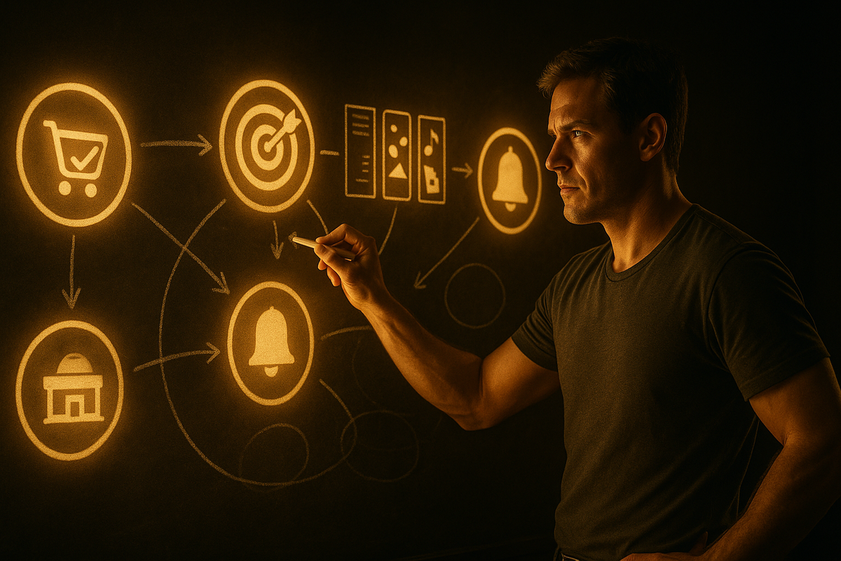 Serious shopper drawing a glowing strategy map on a dark wall—icons for cart, target, apps, notifications and store connected by arrows—pro福箱攻略 brain, calculated confidence and winning mindset energy