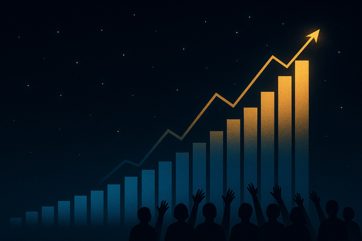 Night-sky style bar chart and zigzag line rocketing upward, silhouettes of people reaching toward the tallest glowing bar—福箱 odds and popularity ranking rising to the stars, thrilling data-driven anticipation