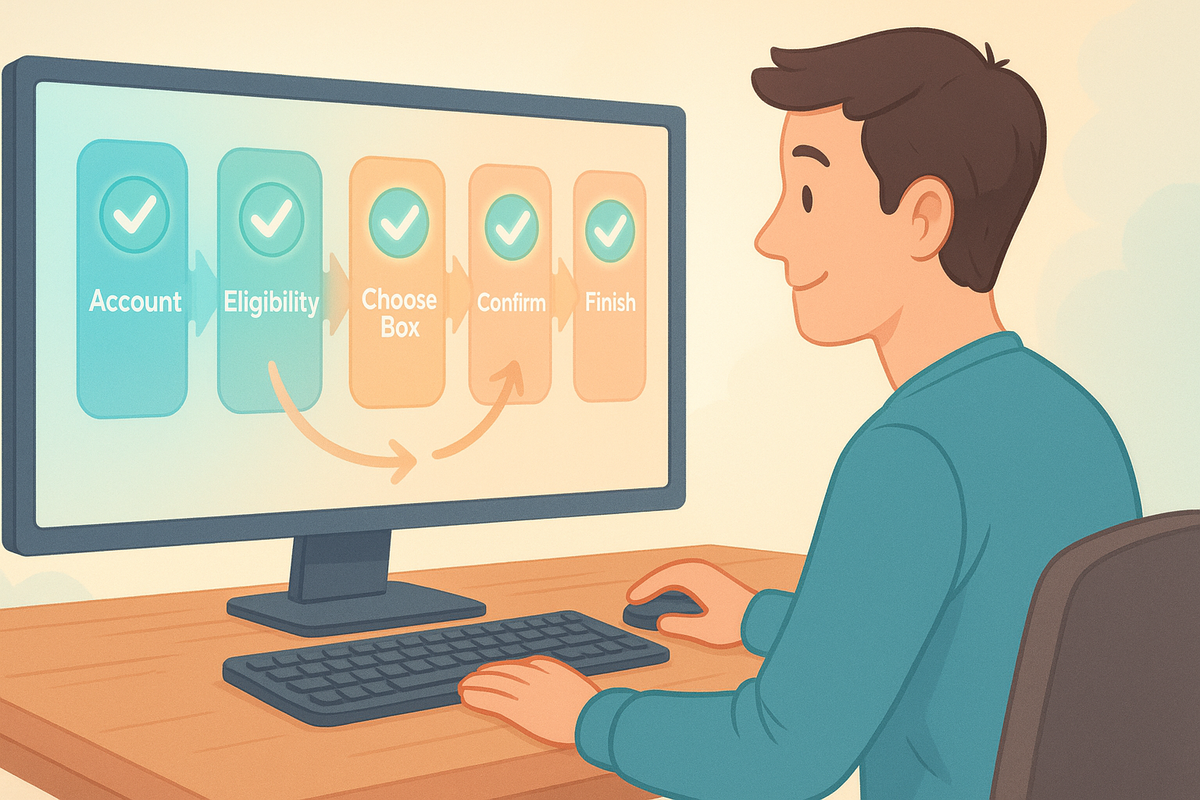 Smiling person at a desktop computer following a pastel-colored on-screen flow—Account → Eligibility → Choose Box → Confirm → Finish—beginner-friendly福箱 entry guide, gentle hand-holding clarity and安心感