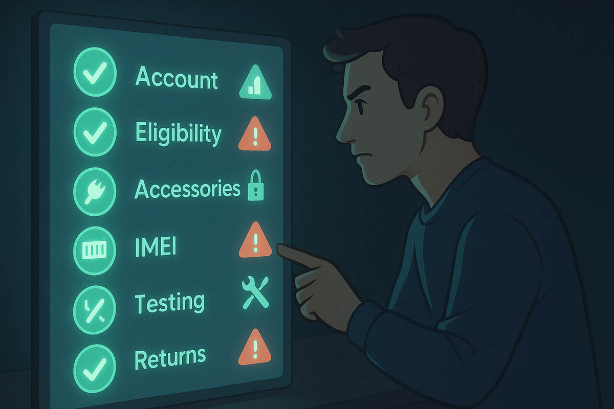 Serious shopper staring at a glowing checklist screen—Account, Eligibility, Accessories, IMEI, Testing, Returns—with green checks and red warning triangles, tense but empowered pre-purchase safety check
