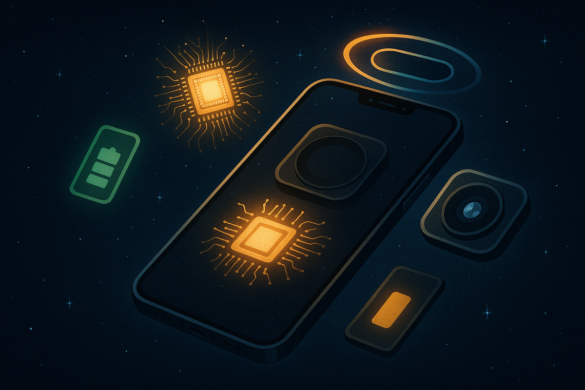 Stylized iPhone floating in a starry night sky, glowing chip, camera module, battery icon, and dynamic-island style halo orbiting around it—magical teardown view that shows the hidden power still alive inside iPhone 14 Pro