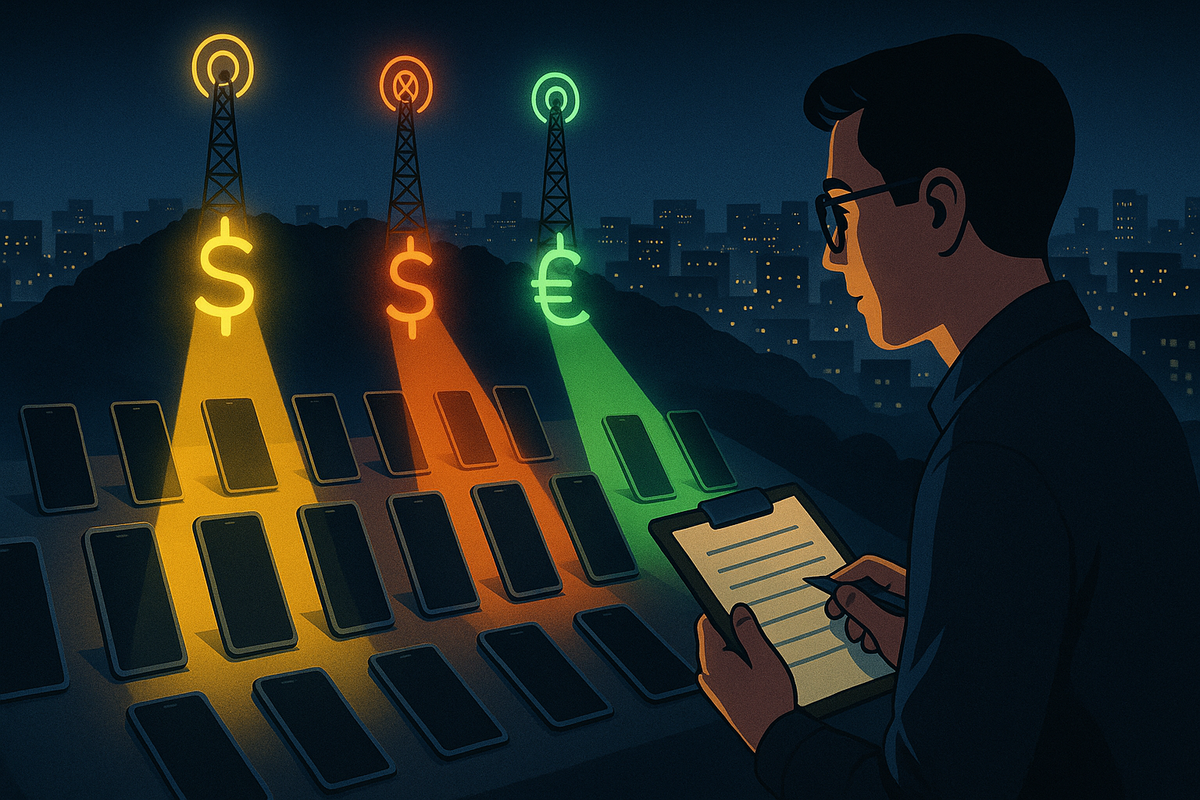 Night rooftop filled with rows of smartphones as three carrier towers beam colorful currency symbols down, analyst with clipboard comparing prices—quietly intense hunt for the best Switch福箱 offer across rival stores