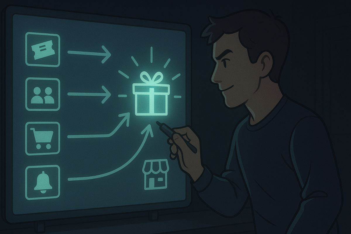 Strategist in a dark room drawing arrows on a neon board from ticket, family, cart and bell icons into one shining gift box—clever multi-slot福箱 strategy, confident “I’m going to win this” energy