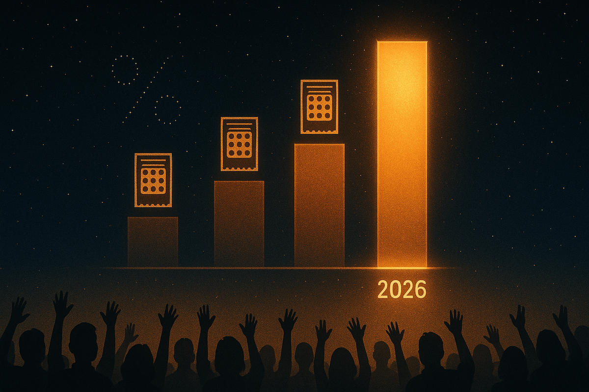 Starry-night bar chart climbing year by year toward a huge glowing 2026 pillar, lottery ticket icons on each bar and a crowd of raised hands below—福箱倍率 skyrocketing, thrilling odds and hopeful tension