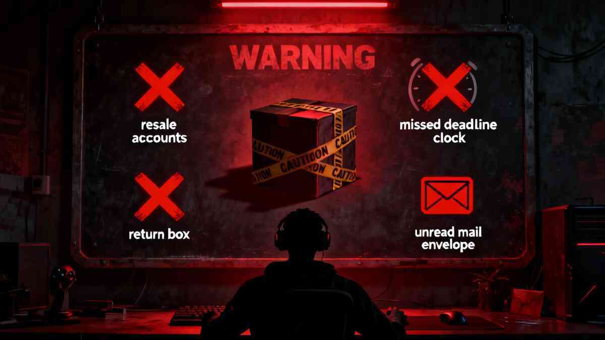 Ominous red warning screen in a gamer’s dark room, black lucky box wrapped in CAUTION tape surrounded by giant X marks for resale, missed deadlines, returns and unread mail—high-stakes福箱 NG行為の地雷マップ, do-not-cross anxiety and danger