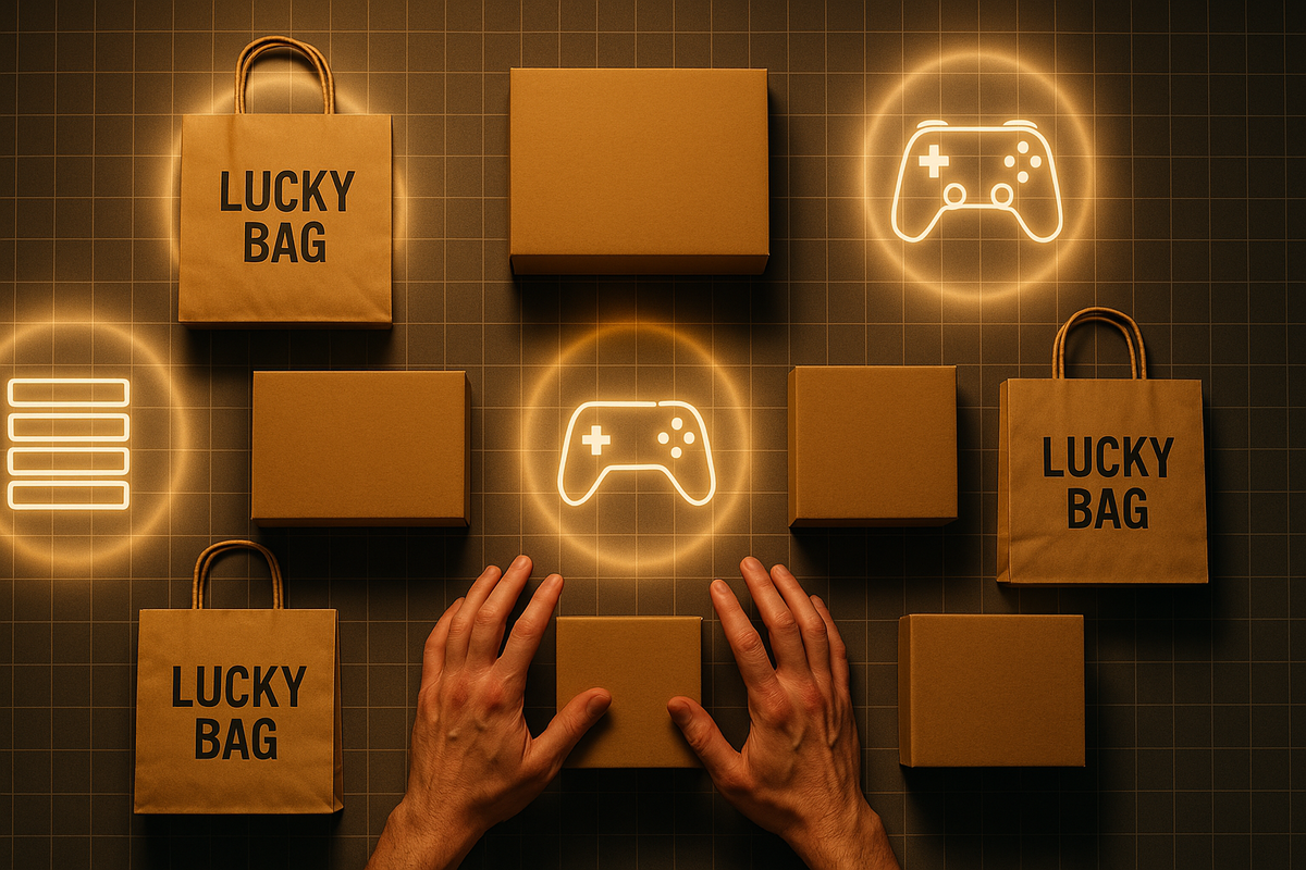 Top-down grid of plain “lucky bag” paper bags and cardboard boxes on a warm golden table, glowing gamepad icons revealing hidden prizes while anxious hands hover—price-tier guessing game, mysterious contents, strategic Switch2福袋 selection tension  