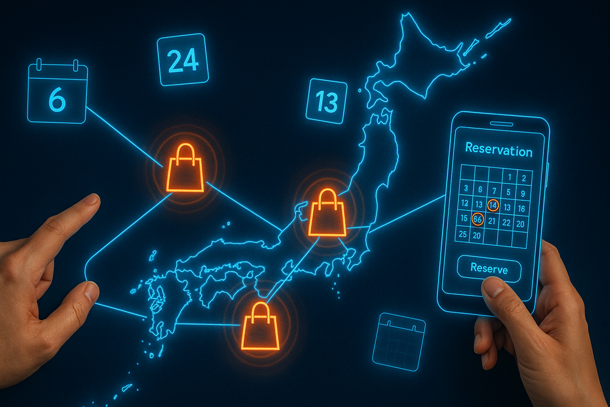 Neon-outline map of Japan at night connected by glowing shopping-bag icons and floating calendar dates, hand holding a smartphone reservation screen—nationwide Switch2福袋 hunt, limited slots, urgent booking energy, travel-route planning vibe  