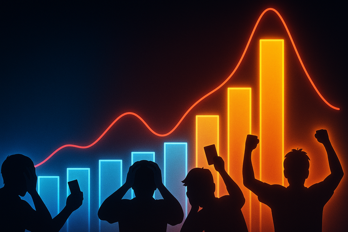 Silhouettes of gamers holding smartphones in front of blazing blue-and-orange bar charts and a dramatic red curve—抽選倍率 rollercoaster, from despair to fist-pump victory, raw emotional data story of winning and losing Switch2福袋  