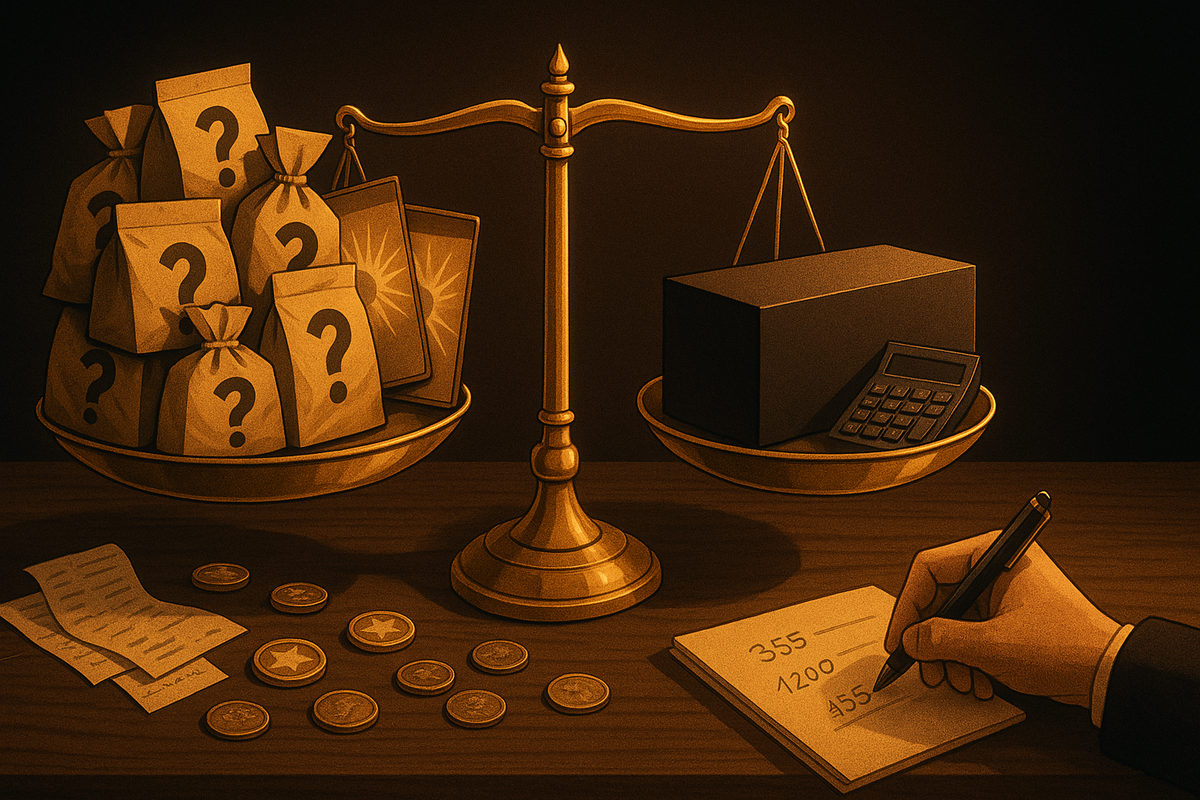 Golden balance scale weighing stacks of mystery-marked lucky bags and reward coins against a single dark console box and calculator, hand scribbling calculations under warm light—冷静コスパ analysis, true value of Switch2福袋 vs solo purchase, thoughtful money-mindset mood  