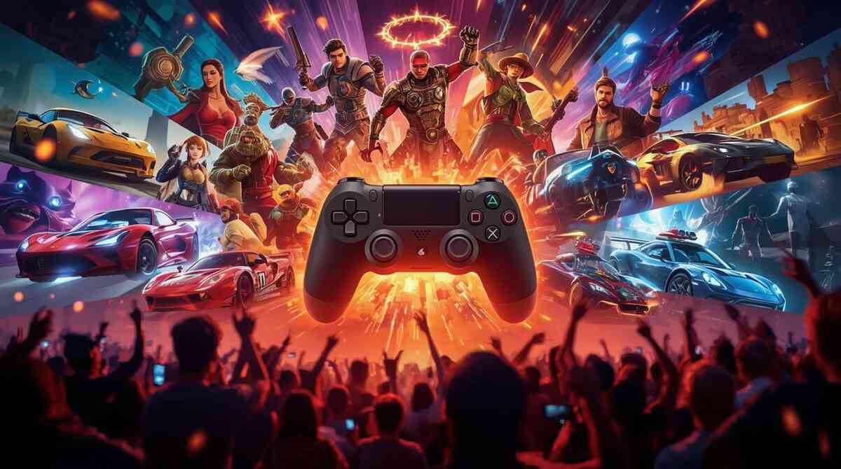 Massive generic black game controller exploding with light in front of a cheering crowd, surrounded by vibrant characters, racing cars, and fantasy worlds—dream lineup of blockbuster titles, adrenaline-charged gaming universe, “which hits will be in the Switch2福袋?” hype  