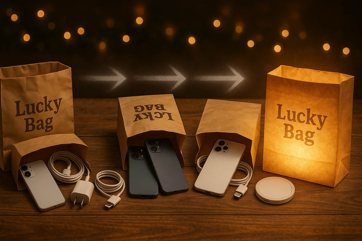 Three opened brown lucky bags spilling out anonymous premium smartphones and chargers on a wooden table, glowing arrows leading toward one last bag shining brightly—step-up evolution of past iPhone福袋 toward the dream 2026 jackpot, warm curiosity and greedy anticipation
