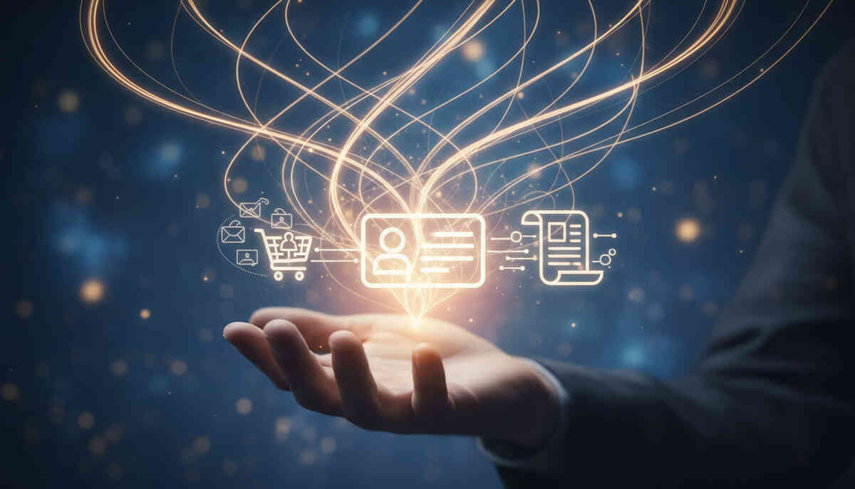 Business hand gently holding glowing line icons for profile card, shopping cart, and contract document, all connected by swirling golden data streams—three VIP conditions for boosting Yodobashi iPhone lucky bag winning odds, magical privilege and strategic calm