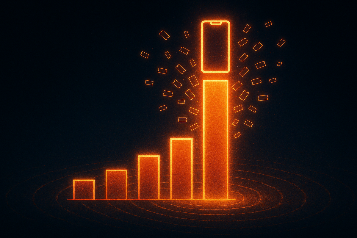 Neon orange bar chart rising in the dark, tallest bar crowned with a glowing smartphone icon and shower of tickets—explosive lottery倍率 for the iPhone lucky bag, dramatic visual of overwhelming demand and thrilling risk-reward energy