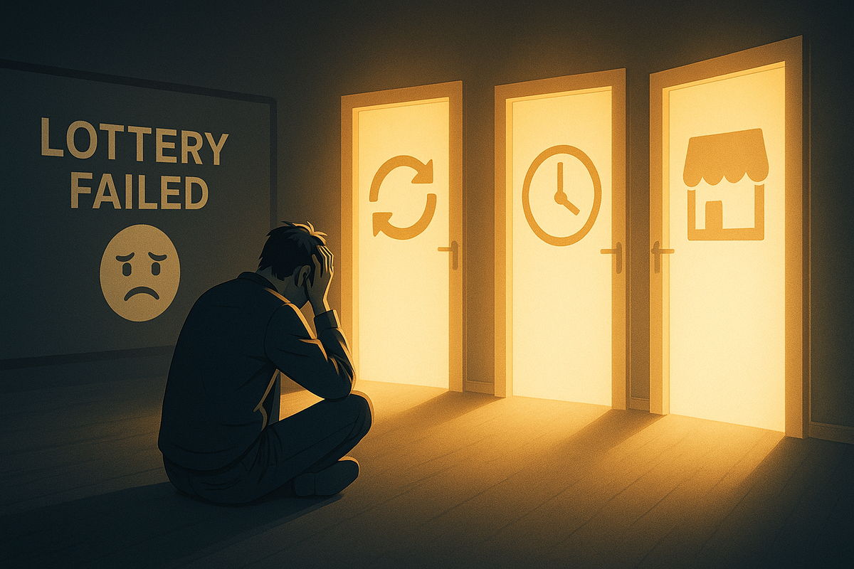 Depressed man sitting on the floor in front of a “LOTTERY FAILED” wall, yet three bright doors open ahead with icons for retry, time, and store—emotional crash after iPhone福袋落選, immediately followed by hopeful second-chance paths and quiet comeback courage