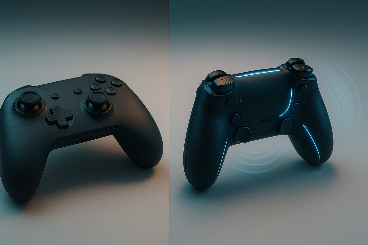 Side-by-side gamepads on a clean desk—plain older controller versus glowing next-gen pro controller with extra triggers and vibration waves, dreamy teal light, tempting upgrade energy and tech envy