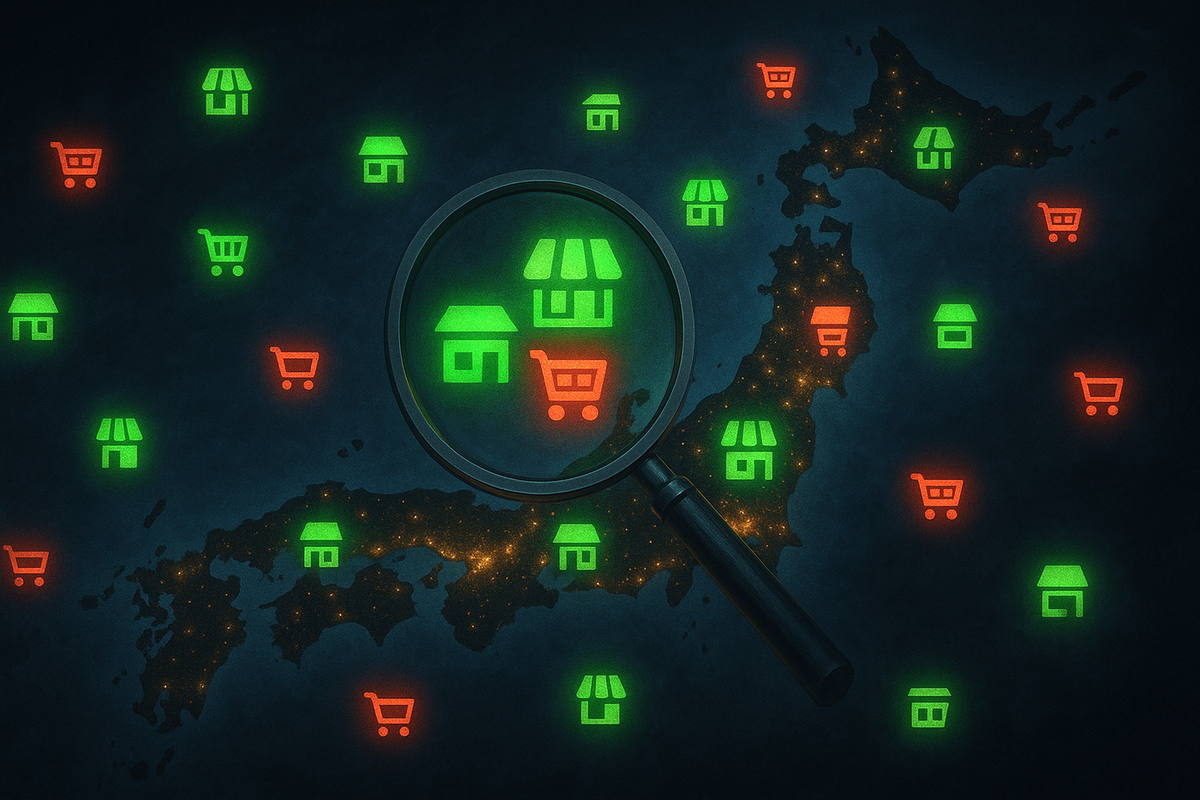 Japan map at night sprinkled with red and green store and cart icons—magnifying glass highlighting rare “in-stock” shops, treasure-hunt tension, hopeful vibe for finding a pro controller near you