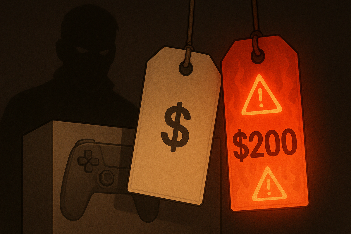 Shadowy reseller figure behind a controller box—calm price tag versus burning red tag with warning icons and inflated amount, ominous scam feeling and emotional alert against overpriced resale deals