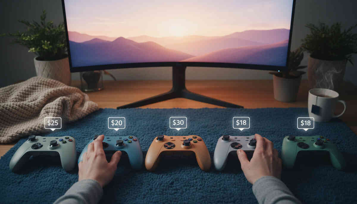 Cozy gaming desk at sunset with five colorful third-party controllers lined up under floating price bubbles—warm tea steam rising, calm comparison mood, joyful sense of smart budget choices and cost-performance heaven