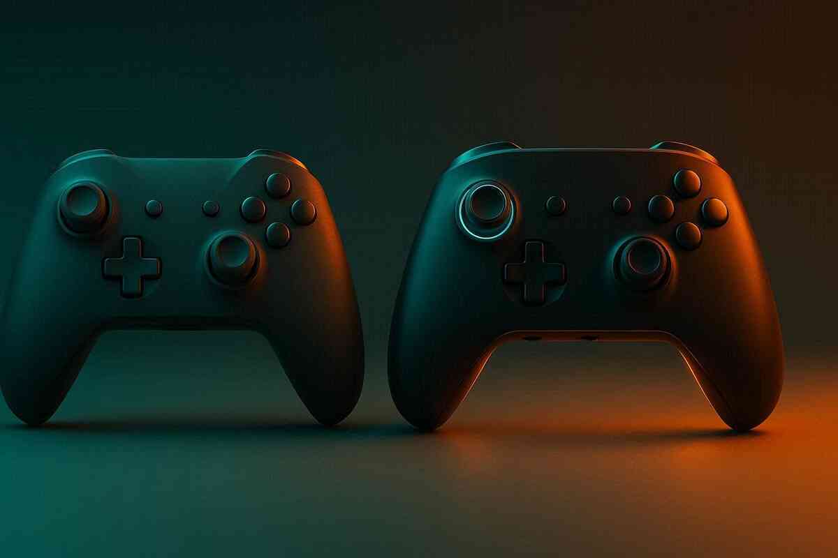 Two sleek next-gen game controllers facing forward in teal and orange light—old vs new pro pad showdown, subtle design differences glowing, quiet upgrade tension and irresistible “which one should I buy?” energy