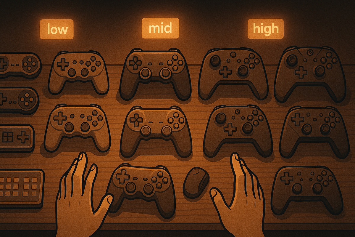 Warm wooden desk covered with gamepads arranged in rows under low / mid / high glowing tags—hands hovering between controllers, joyful yet anxious price-tier comparison vibe for choosing the perfect pro controller