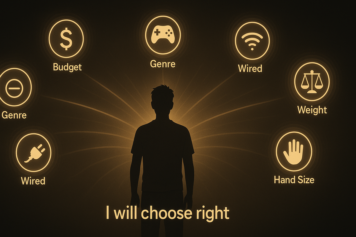 Silhouette of a gamer standing in golden light surrounded by floating icons for budget, genre, wired, weight, and hand size—calm determination, “I will choose right” mindset, zen decision moment before buying a pro controller