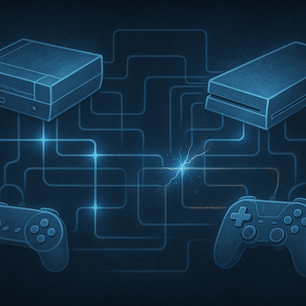 Cool blue circuit-style diagram linking two generic consoles to two controllers—some connection lines bright, one line sparking and broken, visual drama of compatibility, confusion, and relief when you finally understand what works with what