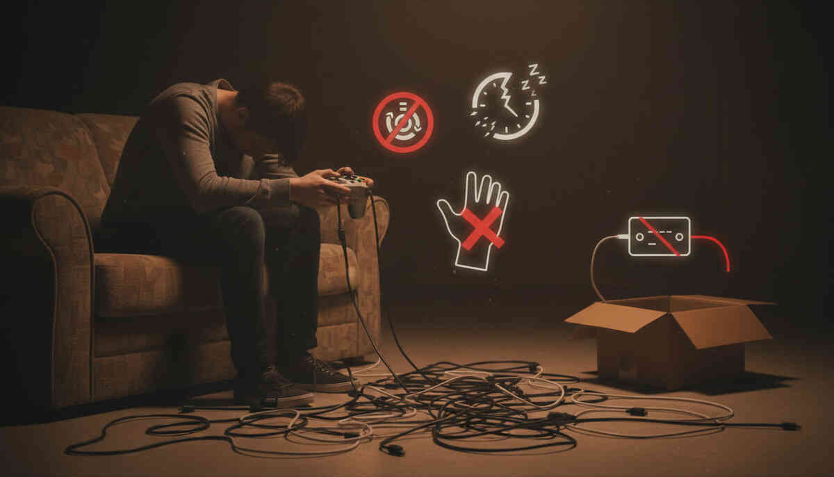 Frustrated player slumped on a sofa holding a wired controller, floor tangled with messy cables—neon icons showing missing features, wrong size, no sleep wake, and no cable, raw regret energy of buying the wrong cheap controller