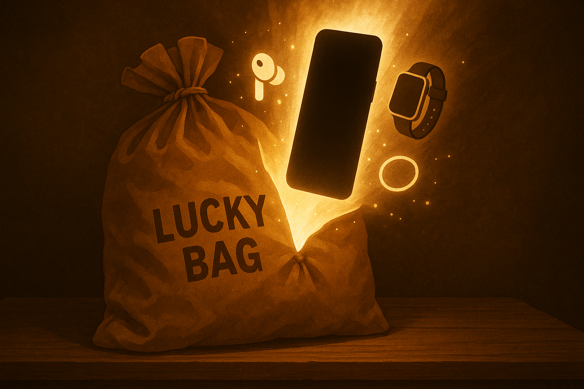 Huge LUCKY BAG bursting open on a wooden table with a glowing smartphone, wireless earbuds, and smartwatch flying out—jackpot-level iPhone fukubukuro haul, golden surprise, heart-thumping upgrade happiness