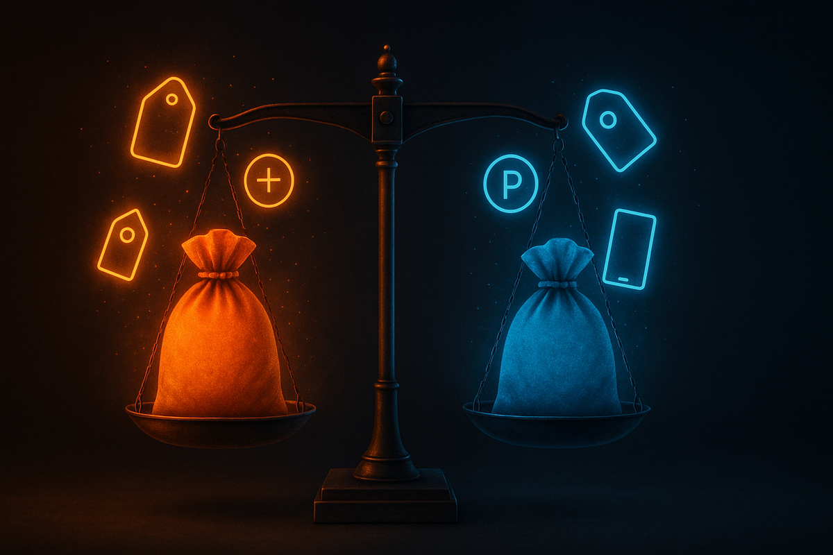 Vintage balance scale with a warm orange lucky bag on one side and a cool blue lucky bag on the other, price tags, plus sign, points and smartphone icons floating around—emotional showdown of which store’s lucky bag is truly the better value
