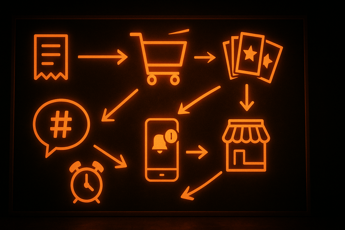 Neon-orange flowchart on a dark wall—receipt icon → shopping cart → tickets, hashtag bubble, alarm clock, smartphone notification and store icon all linked by arrows—visual battle plan for winning the lucky bag lottery with smart timing and SNS intel