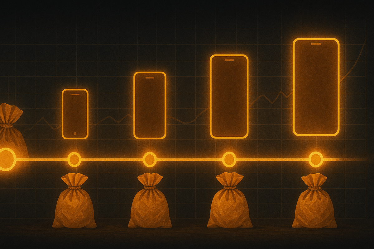 Glowing timeline chart with increasingly larger smartphone outlines above neatly lined-up lucky bags, subtle graph lines rising in the background—four-year history of iPhone fukubukuro models and discounts, data-driven hope for the next big win