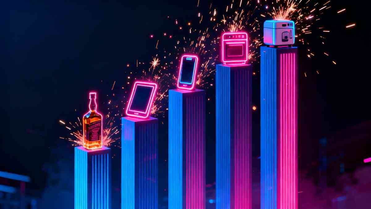 Night view with tall neon pillars topped by a whisky bottle, tablet, smartphone, oven and home appliance, bright sparks bursting from each—dramatic popularity ranking of New Year lucky bags by genre, from ultra-premium booze to red-hot gadgets