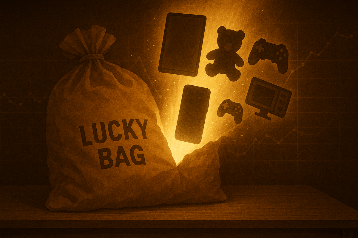 Huge LUCKY BAG ripping open on a wooden table, golden light launching a tablet, smartphone, teddy bear, game controllers and mini TV into the air—overflowing gadget-and-toy jackpot, dreamy surprise, data-backed fukubukuro glory